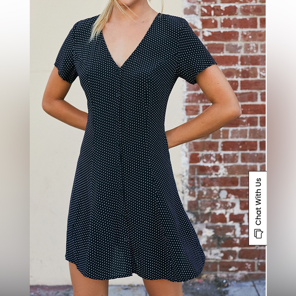 Brandy Melville Lara Dress Black White Polka Dots Button Front Short Sleeve